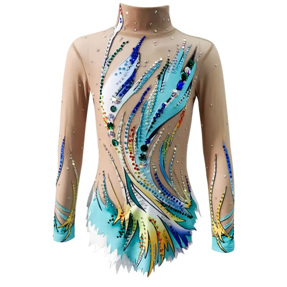 Artistics Gymnastics Leotards Girls Long Sleeve Blue Print Glitter Diamond Competition Performance Training Wear