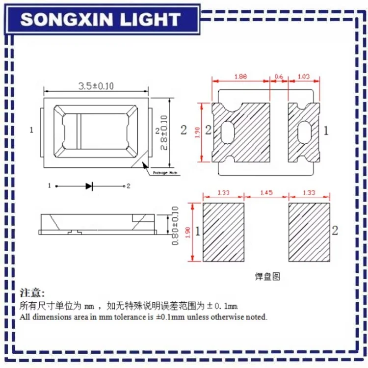 100pcs High Brightness SMD LED 2835 1W 0.5W 0.2W White 3V 6V 9V 18V 36V 150MA/100MA/30MA/60MA/80MA 6000-6500K