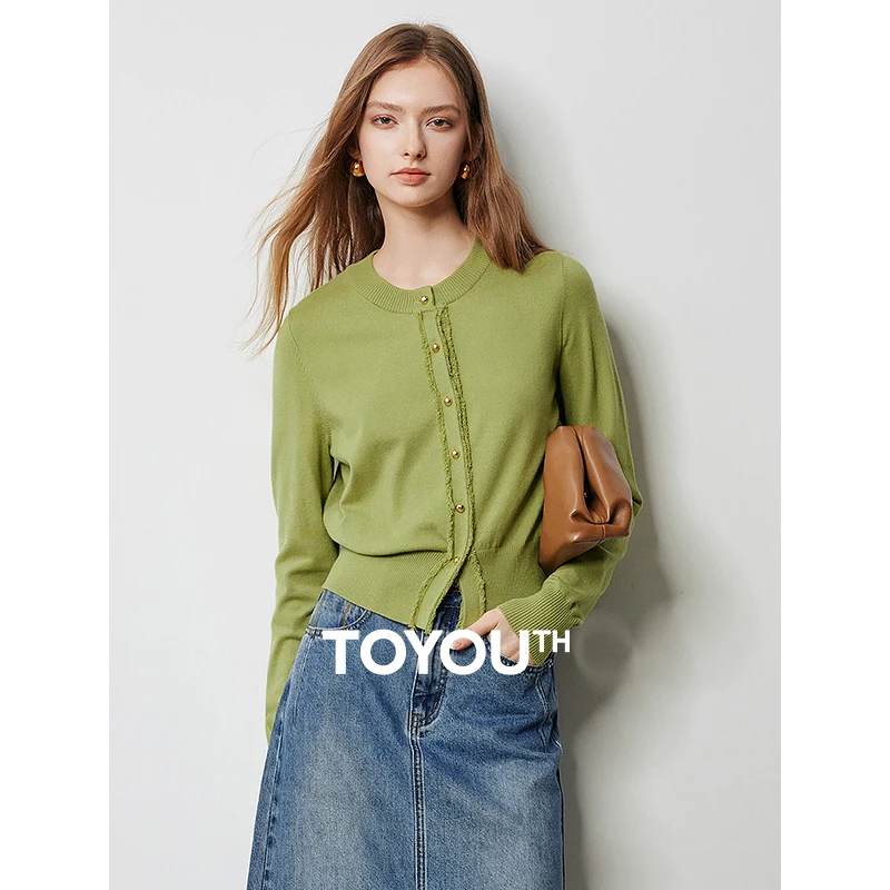 

TOYOUTH Women Knitted Sweater 2024 Autumn New Tassel Edge Round Neck Long Sleeve Slim Fit Cardigan