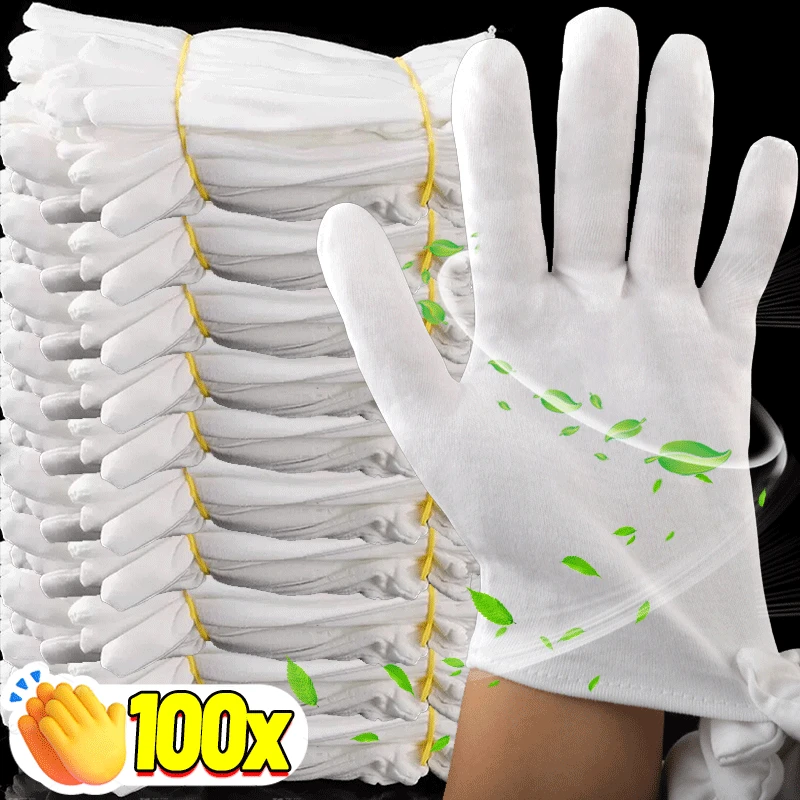 100Pcs White Cotton Work Gloves for Dry Hands Handling Film SPA Gloves Ceremonial High Stretch Gloves Household Cleaning Tools