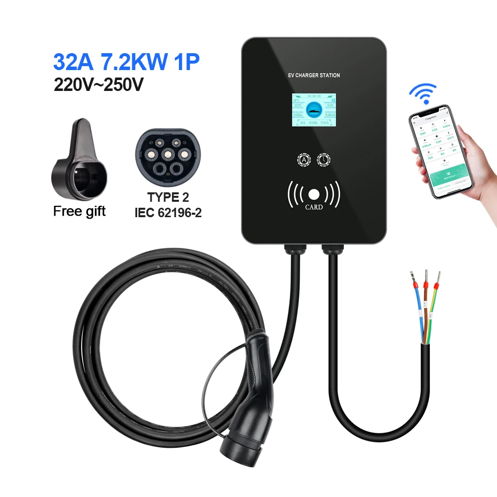 Kolanky EV Charging Station Wallbox 32A 7.2 22KW Tuya APP Type 2 IEC-62169 Home Fast Charger For Eletric Vehicle Length 5M Cable