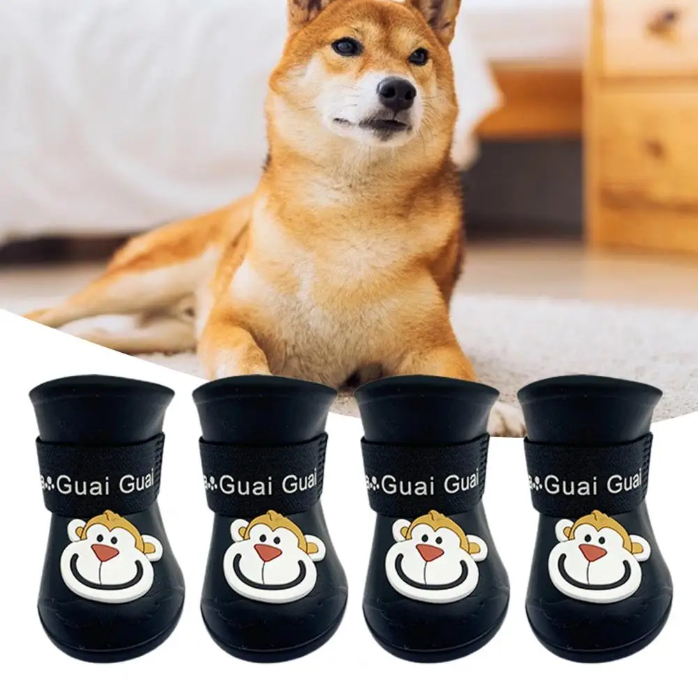 4Pcs Stylish Pet Boots Convenient Anti-Slip Lovely Cartoon Patter Bright Color Pet Rain Boots