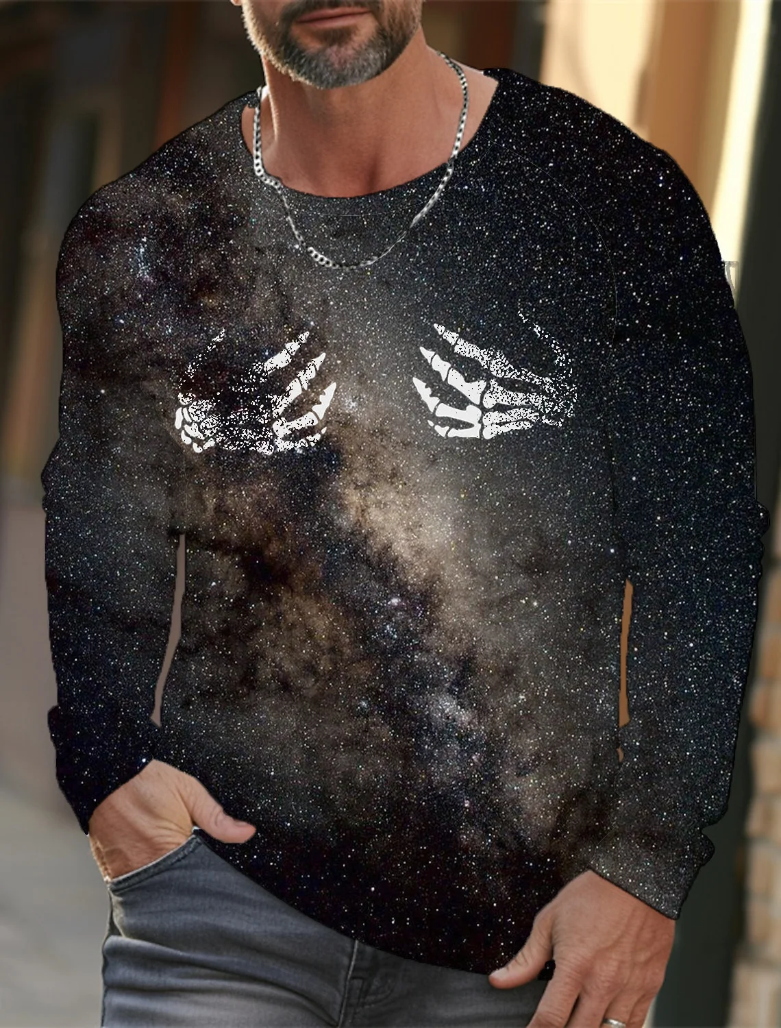 

3D Skull Hand Print Pullover Autumn And Winter Men Casual Long Sleeve Round Neck Sweatshirt Gradient Color Pattern Men's Clothes