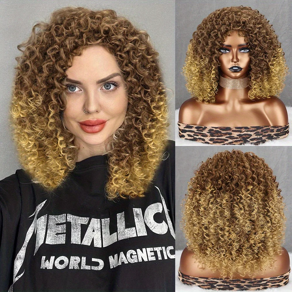 Afro Kinky Curly Hair Synthetic Wigs For Women Kinky Curly Wigs For Women Ombre Brown With Dark Roots Synthetic Wigs