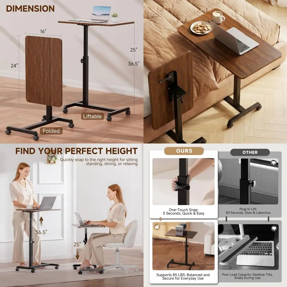 

24 Portable Folding Laptop Desk on Wheels, Adjustable Height, Lockable Casters, for Home Office or Bed Use, Brown
