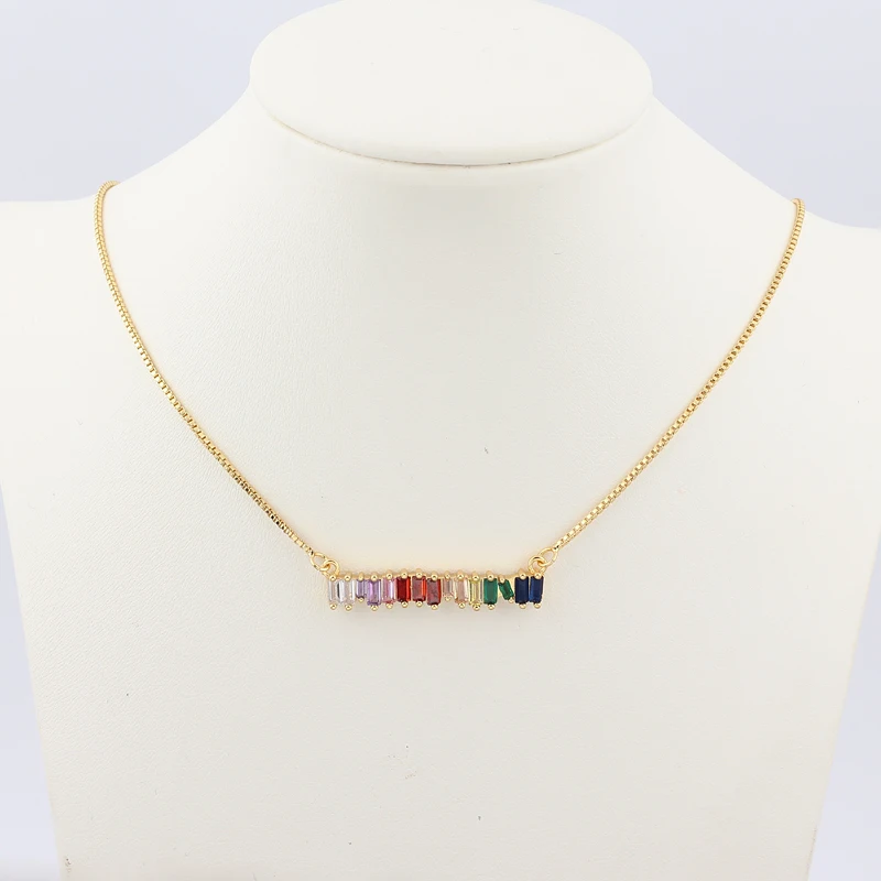 Gold Filled Rainbow Bar Necklace Multi Color Baguette Conbic Zirconia Stone Long Choker Necklaces for Women Statement Jewlery