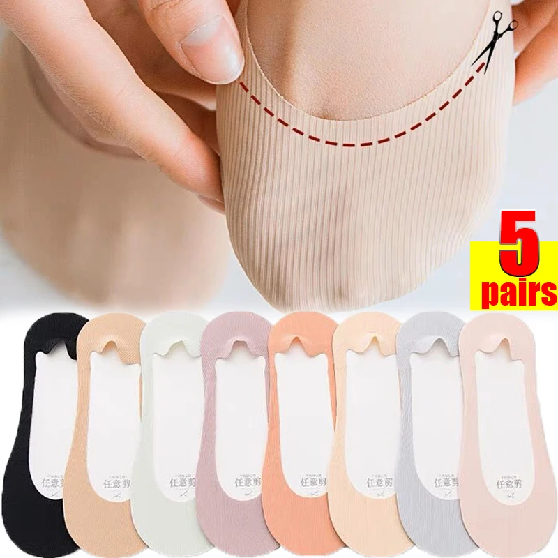 

5Pairs Ice Silk Boat Socks Women Silicone Invisible Sox Ladies Summer Antiskid Seamless Breathable Casual Ankle Low Short Socks