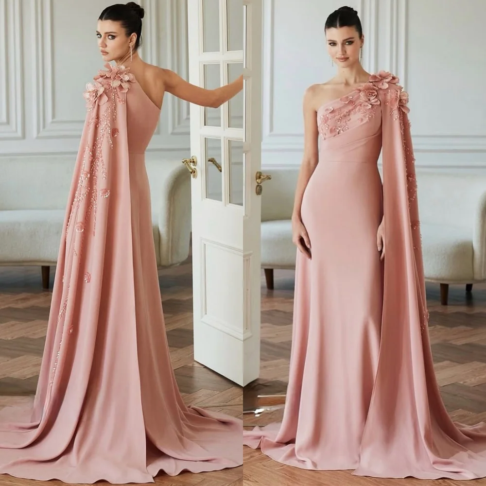 

Customized Simple Pink Jersey Celebrity Gowns Elegant One Shoulder Flowers Evening Dress Exquisite Special Occasion Gowns