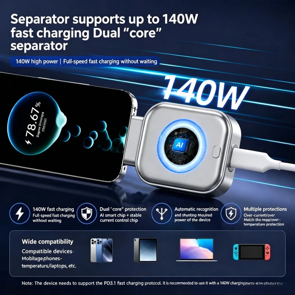 140W Smart Full Charge Self-Cut Type-C Adapter, Universal Auto Disconnect for Night Charging, Overcharge Prevention Separator