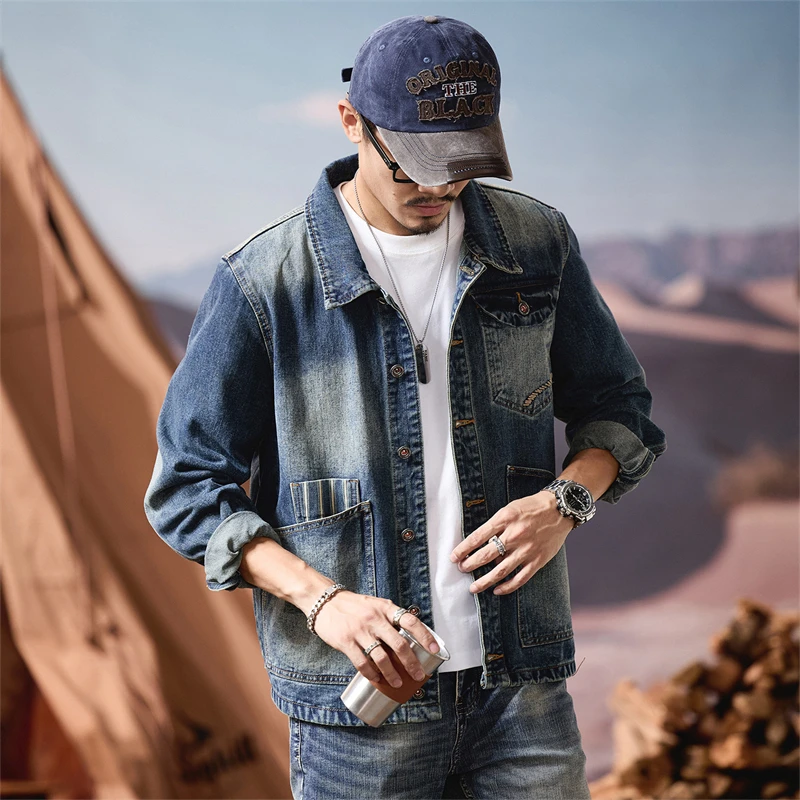 Retro Embroidered Denim Jaet Loose Fit Men's Outerwear Casual Sle Long Sve Thiened Autumn Season American Leisure
