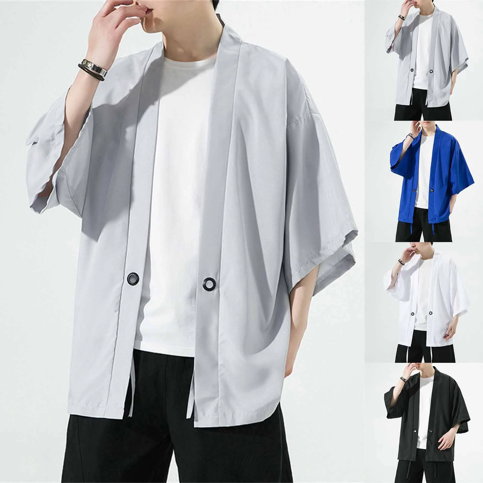 Summer Sun Protection Clothes Solid Color Cardigan Oversized Loose Half Sleeve Kimono Jacket Men's Fashionable Windbreaker