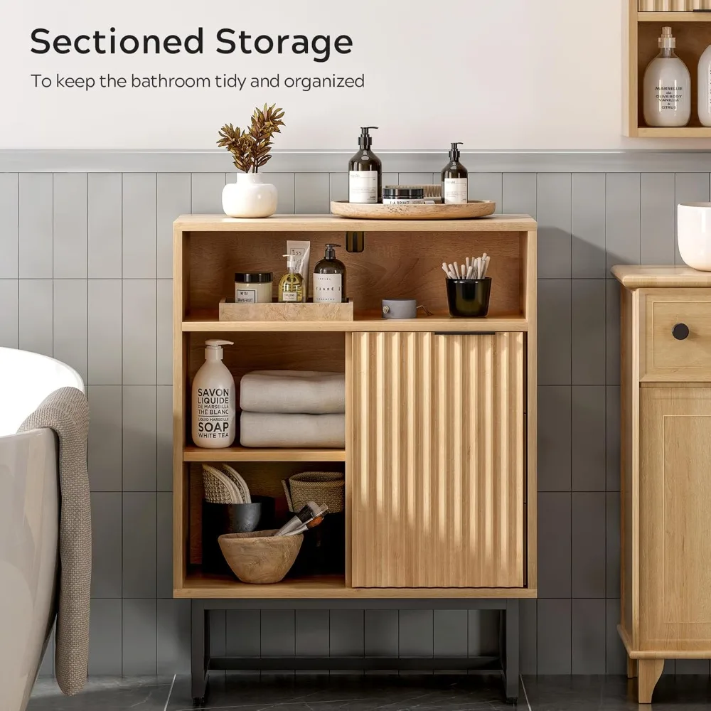 خزانة أرضية الحمام مع باب منزلق، منظم تخزين حديث بثلاث أدراج مع قاعدة معدنية سوداء ورف خشبي قابل للتعديل