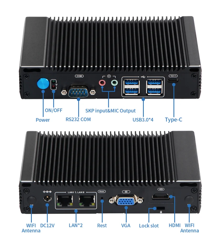 VNOPN  Mini PC 6W Low Power Intel N3160 Quad Core Quad Thread X86 FanlessPC Soft Router 2*1000M Lan Port HD-MI Output Metal Case