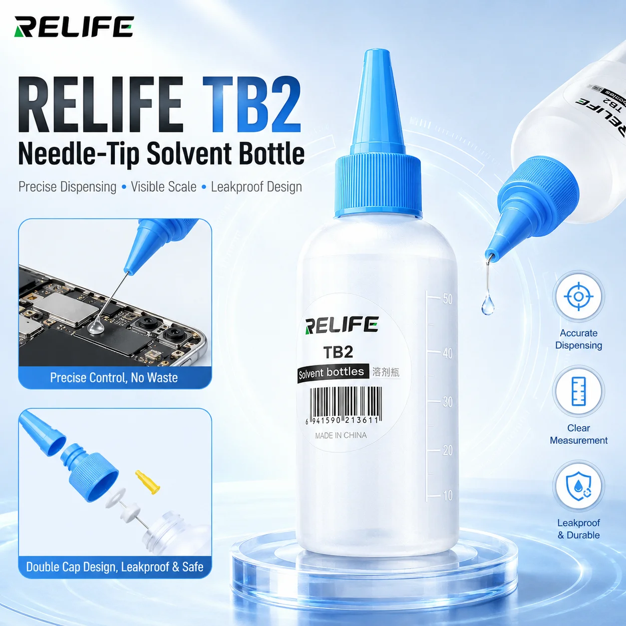 RELIFE TB2 Needle Tube Dispensing Bottle for Cleaning Fluid Frame Removal Glue Remover Strong Sealing Double Capped Empty Bottle