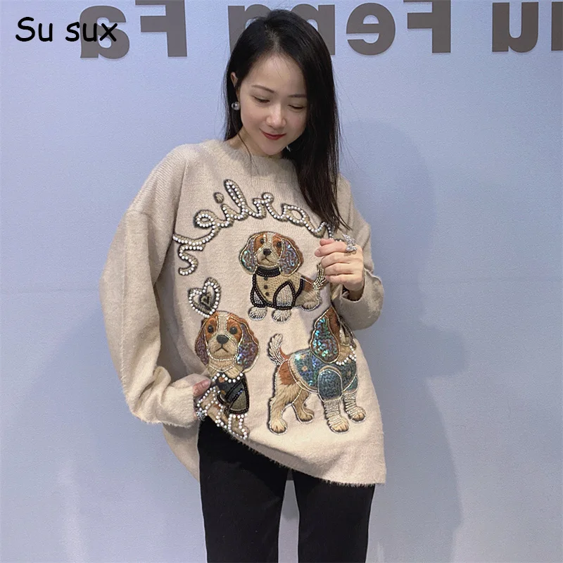 2025 Winter Cute Dog Beading Pullovers Sweater For Woman Oversized O Neck Long Sleeve Tops Jumper Vestidos Outwears Y2k Clothes