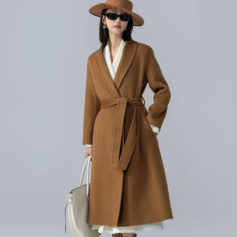 

2025 Autumn and Winter Minimalist Classic Alxa Camel Down Coat Women's Double-sided Medium and Long Camel Hair Wool Blends