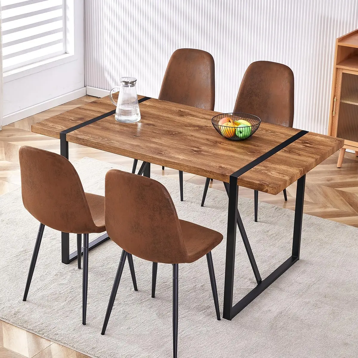 Dining Table Set for 4, 55' Kitchen Table with 4 Suede Chairs, 5-Piece Set