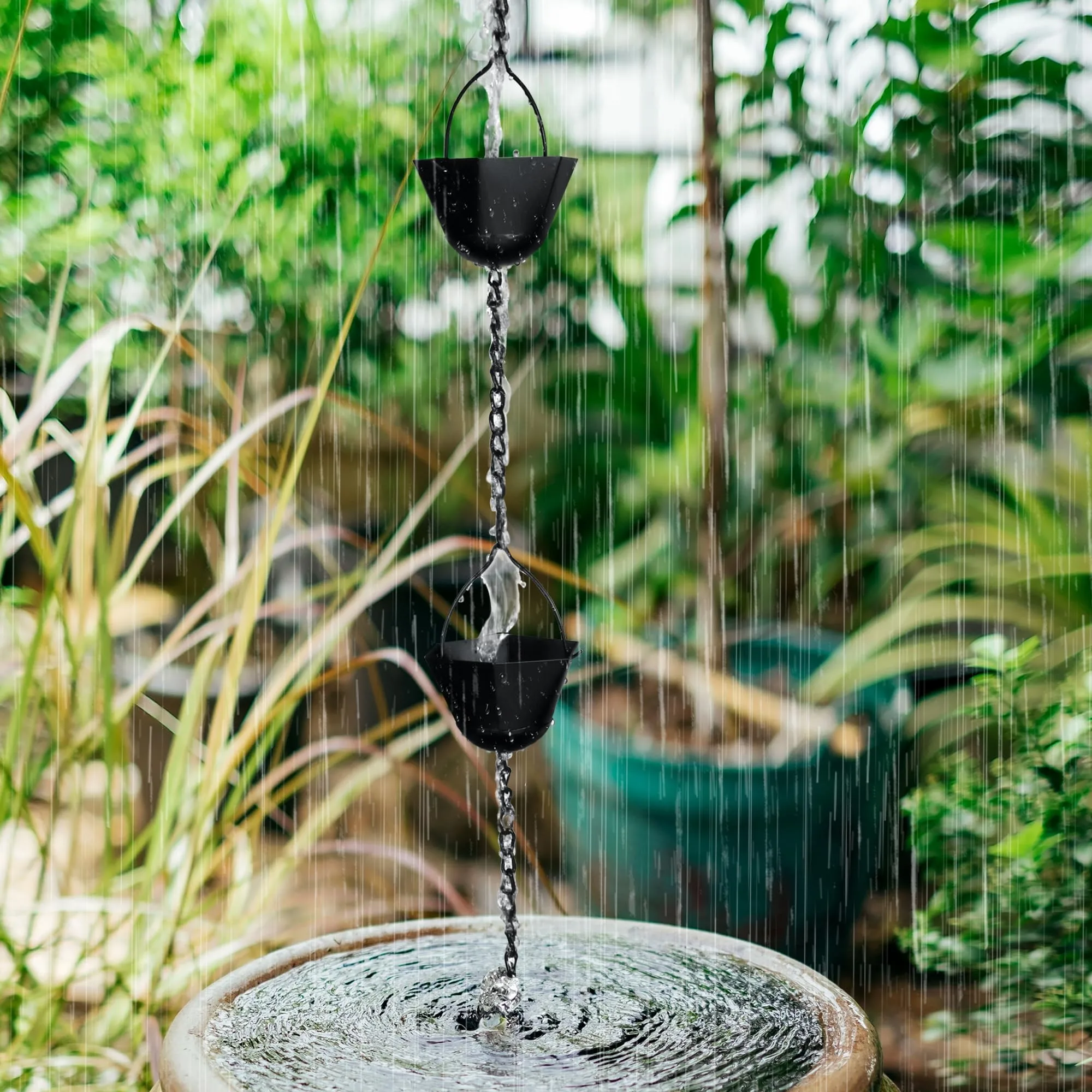12.5 ft Adjustable Black Rain Chain with 12 Cups, Outdoor Rain Catcher, Downspout Replacement for Eaves and Gutter Drainage