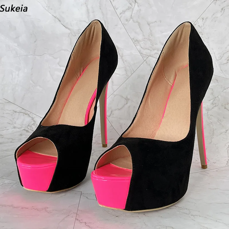 Sukeia High Quality Women Pumps Suede Peep Toe Sexy Stiletto Heels Pretty Fuchsia Party Shoes Ladies Plus US Size 5-20