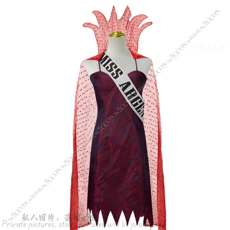 

a7d@Juicy Miss Argentina Dead Receptionist Cosplay Costume Dress Shawl Outfit Women Horror Movie Halloween Carnival Party Suit F