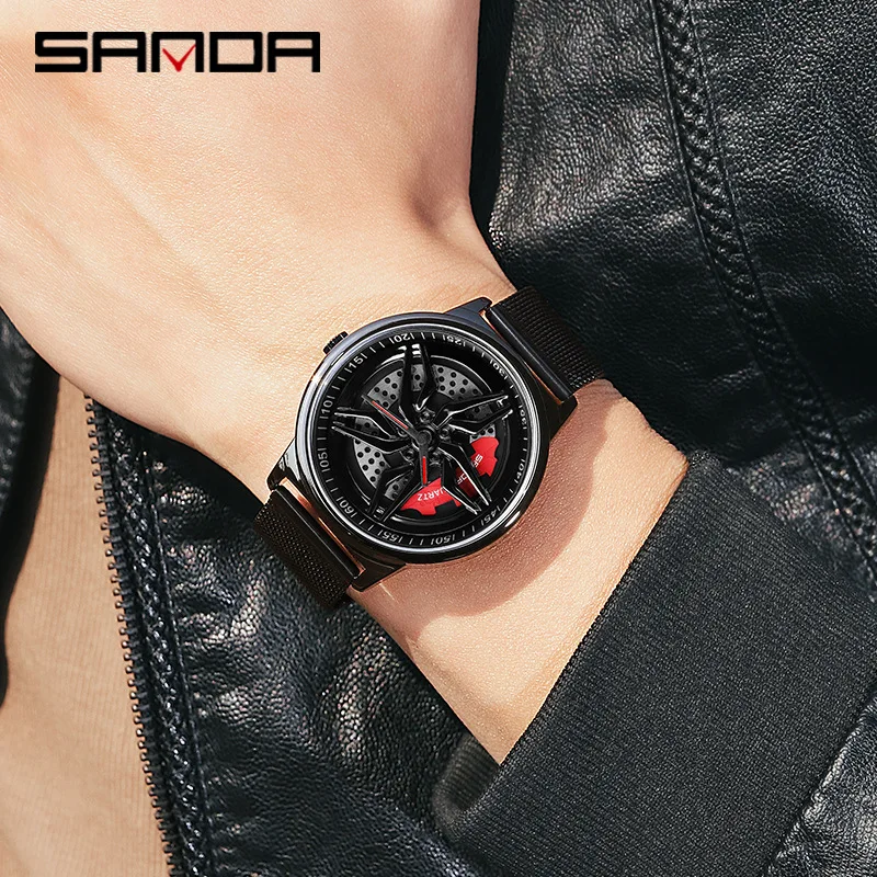 SANDA 1022-heren quartzhorloge Uniek echt 3D-model Draaiende auto Luxe mode Lichtgevende waterdichte horloges voor mannen reloj hombre