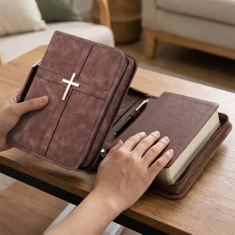 Cross-themed Vegan Leather Bible Cover with Phone Pocket Dust-proof PU Leather Bible Bag Religious Style Scratch Resistant