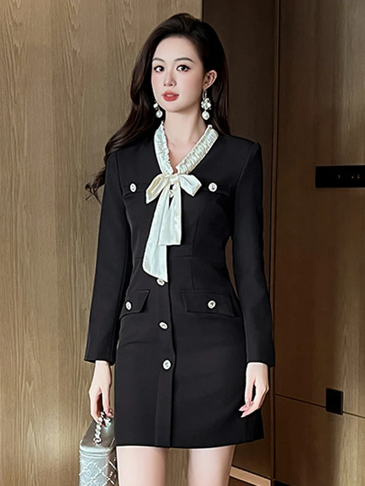 Ropa de mujer Vintage ocasión Formal negro arco cuello ajustado Mini vestido de tubo corto elegante señoras viaje moda Vestidos de fiesta