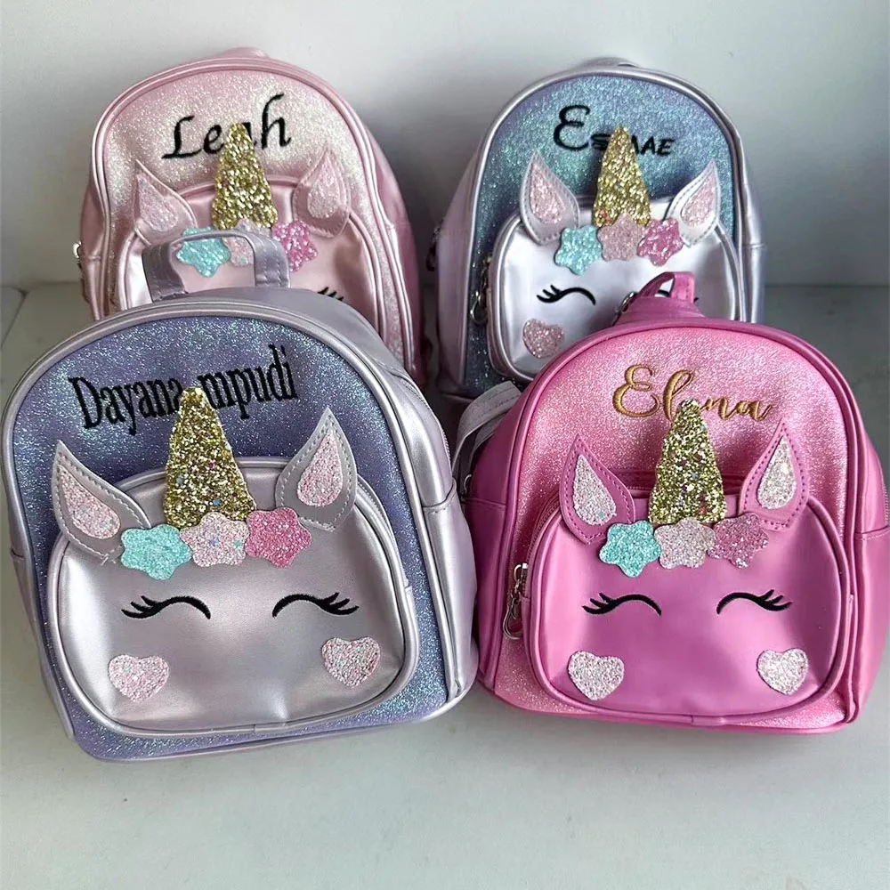 Mochila de unicornio de PU con nombre personalizado para niñas, bolsas de regalo de dibujos animados para niños, mochilas preescolares bordadas para