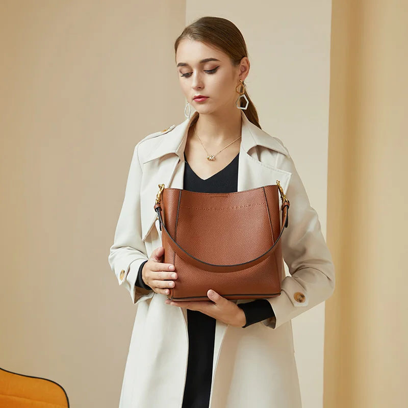 Women Genuine Leather Bucket Bag 2023 New Cowhide Vintage Tote Female Large Capacity Versatile One Shoulder Cross-Body Messenger