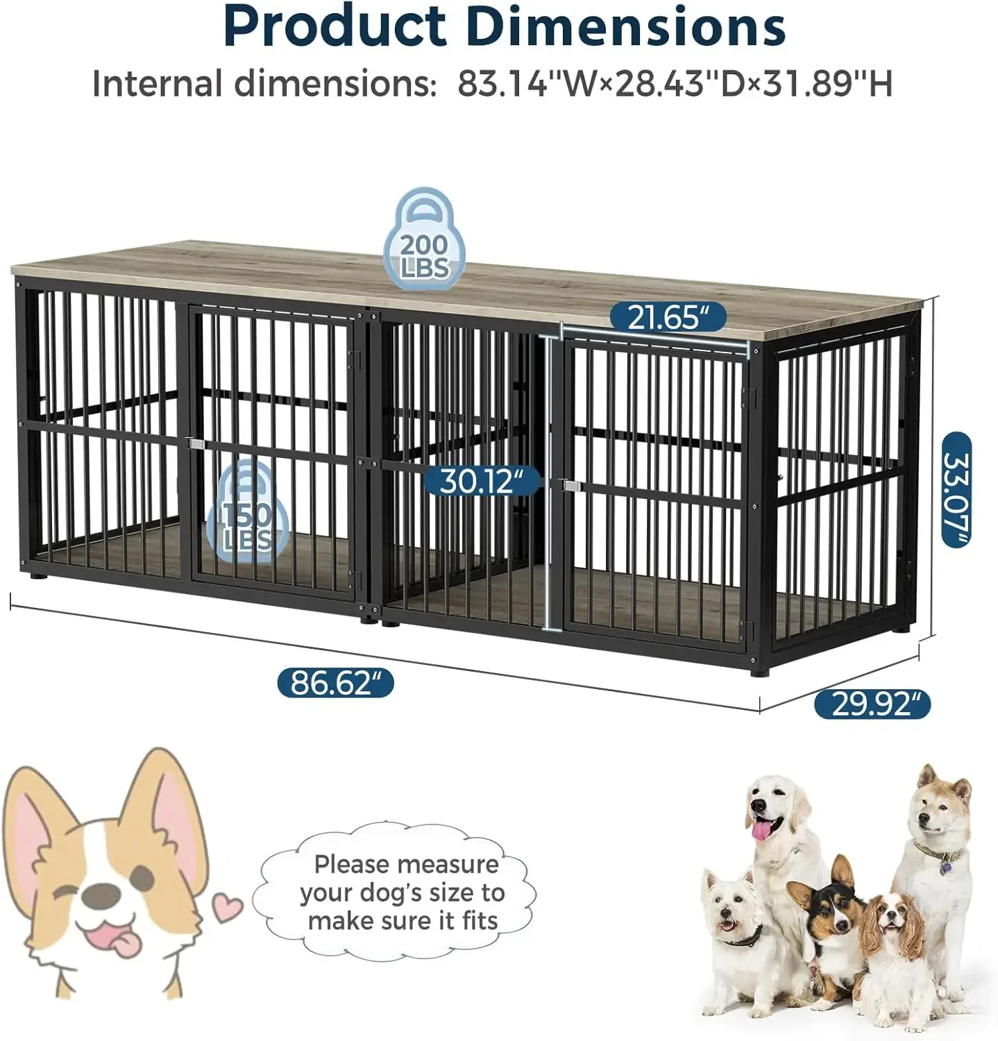 86.62''Dog Crate Furniture Large Breed TV Stand with Double Rooms,Wooden Dog Kennel Dog Crate End Table