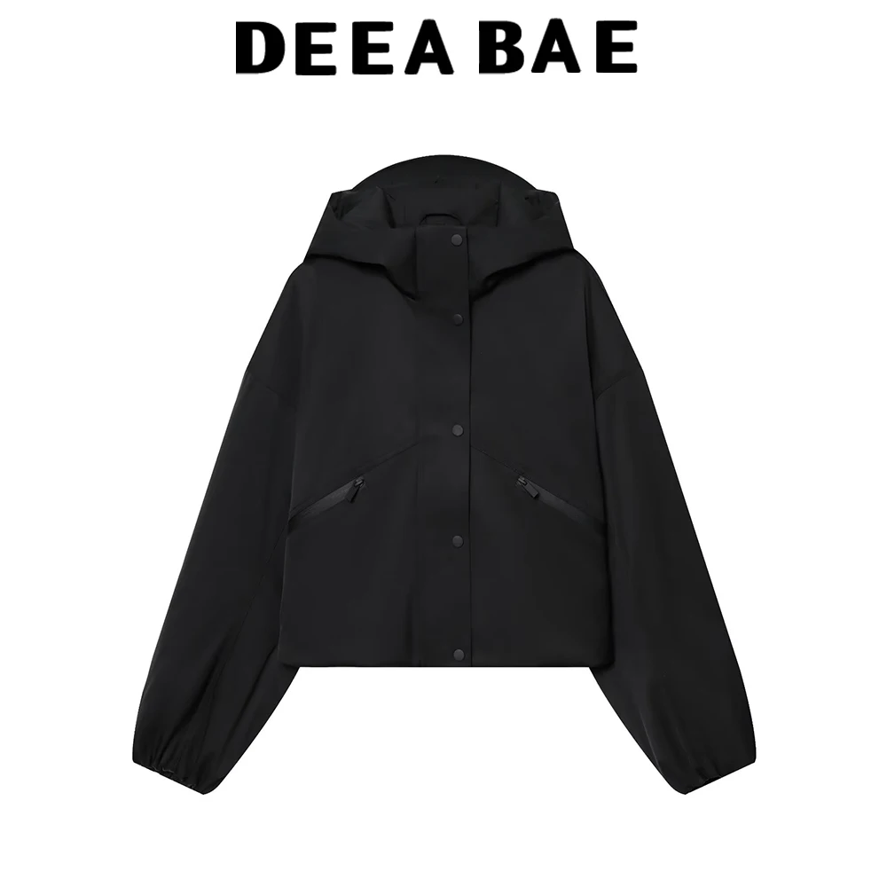 

DEEABAE 2025, осенний новый продукт, женская универсальная черная свободная водонепроницаемая ветрозащитная куртка с воротником-стойкой и капюшоном, пальто