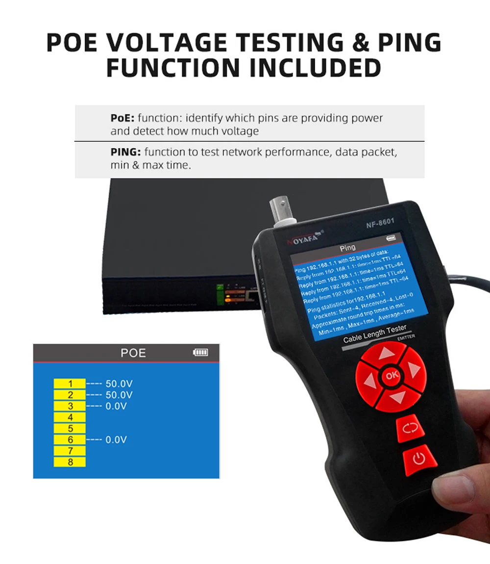 NOYAFA Netzwerkkabeltester NF-8601 Ethernet-Kabeltracker mit PoE/PING-Funktion, Messung der Länge, Wiremap-Tester, Netzwerkwerkzeuge – Detail 5