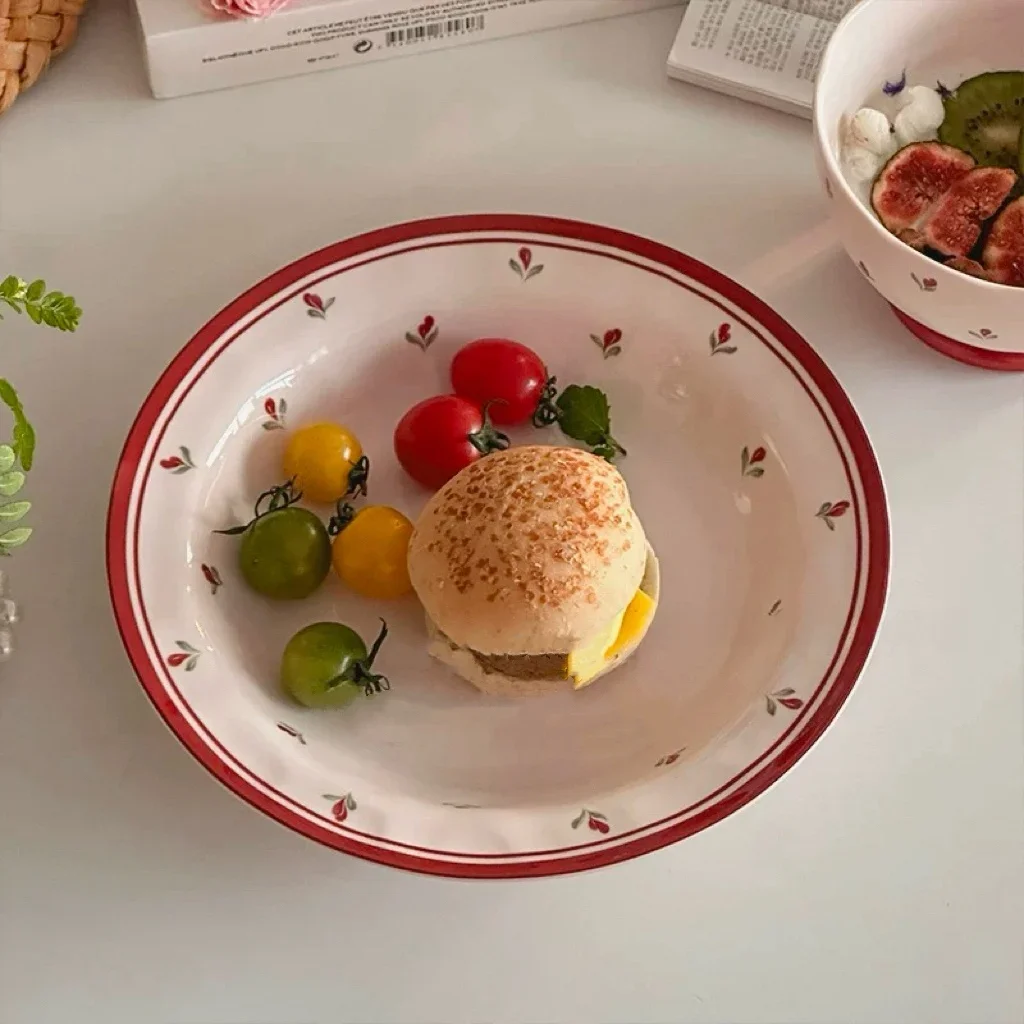 Retro Floral Ceramic Plate Dessert Hat Dish Salad Breakfast Irregular Shape Deep Bowl Home Use Country Style Dinnerware