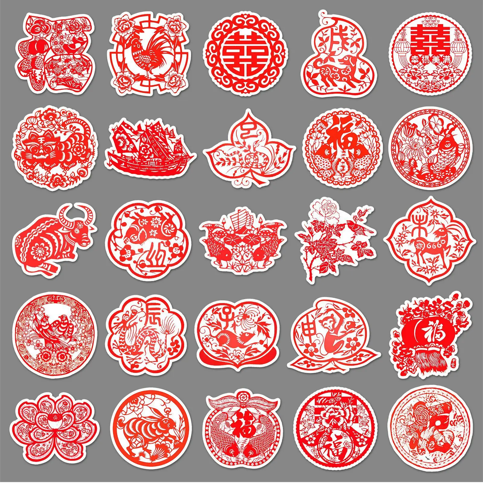 10/30/50pcs New Year Paper-cut Creative Stickers Lucky Chinese Style Diy Hand Account Notebook Cup Material Decoration Sticker