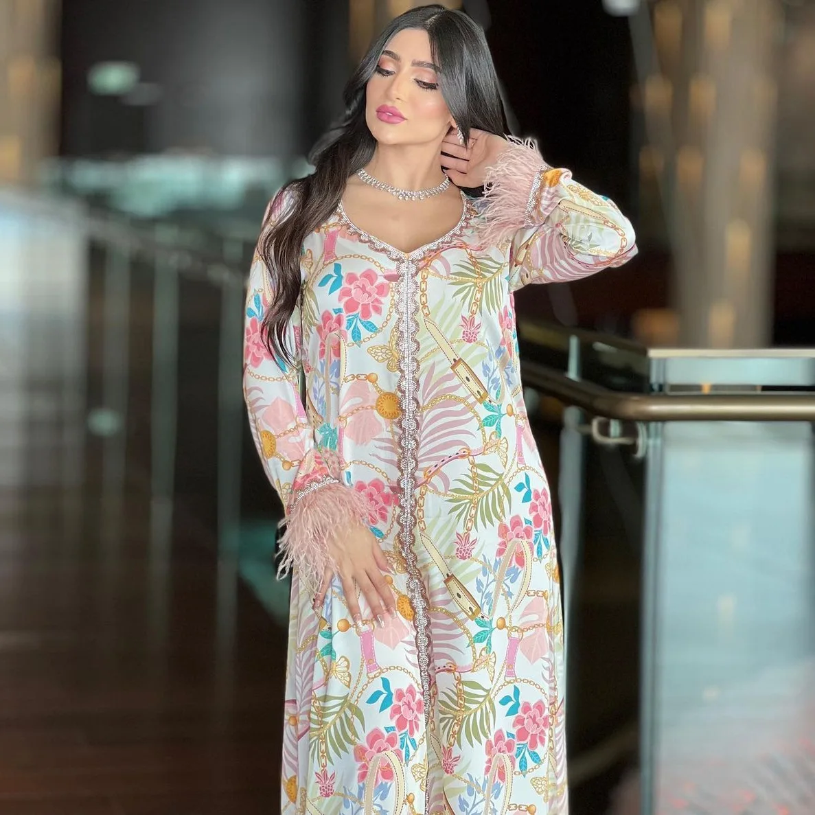 Uni Dubai V-Neck Feathers Long Sleeve Loose Dress Floral Print Diamonds Moroccan Turkish Islamic Arab Elegant Fashion Dress