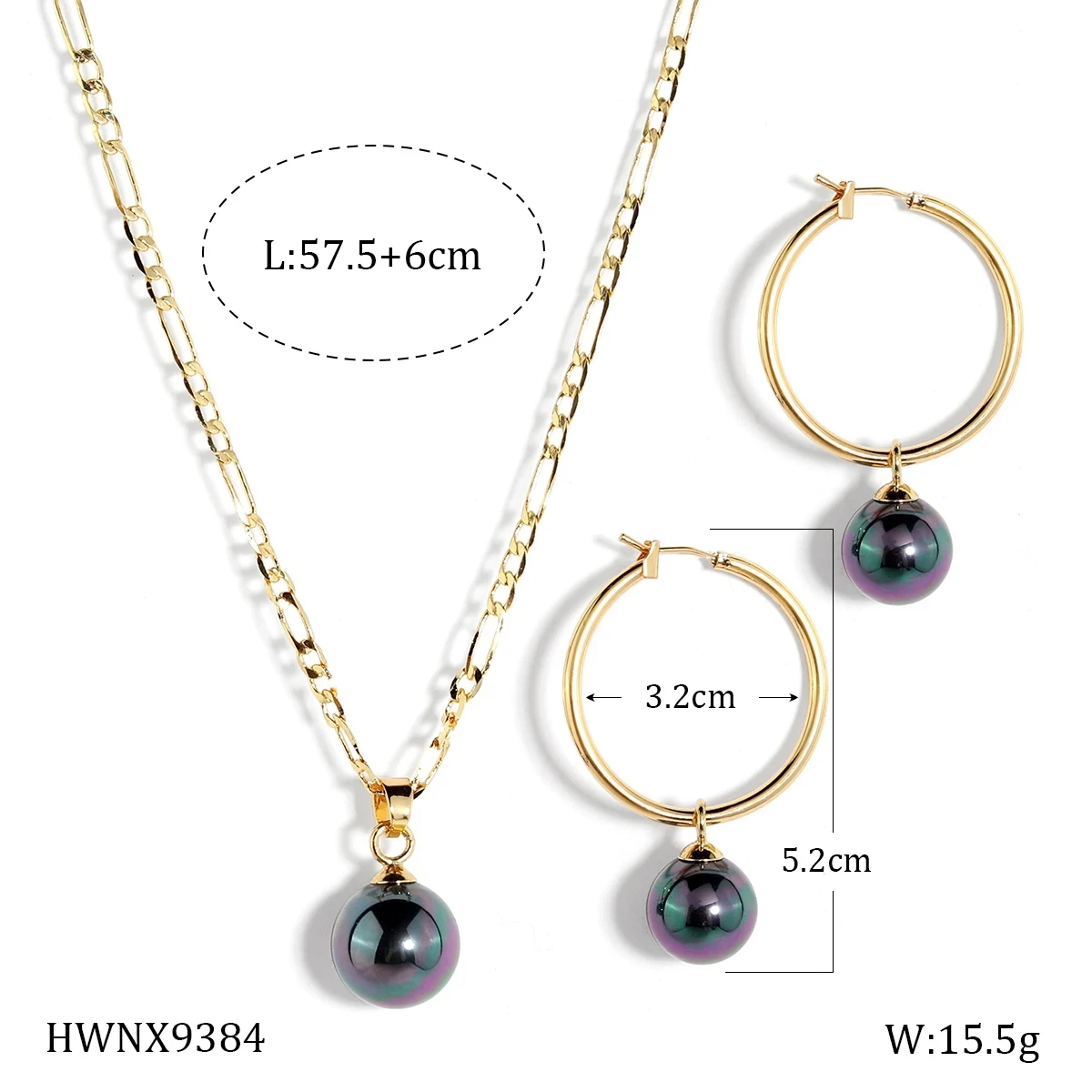 Minimalist Hawaiian Colorful Tahitian Pearl Earring Necklace Jewelry Set with Figaro Chain Chritmas Gift Handmade Jewellery