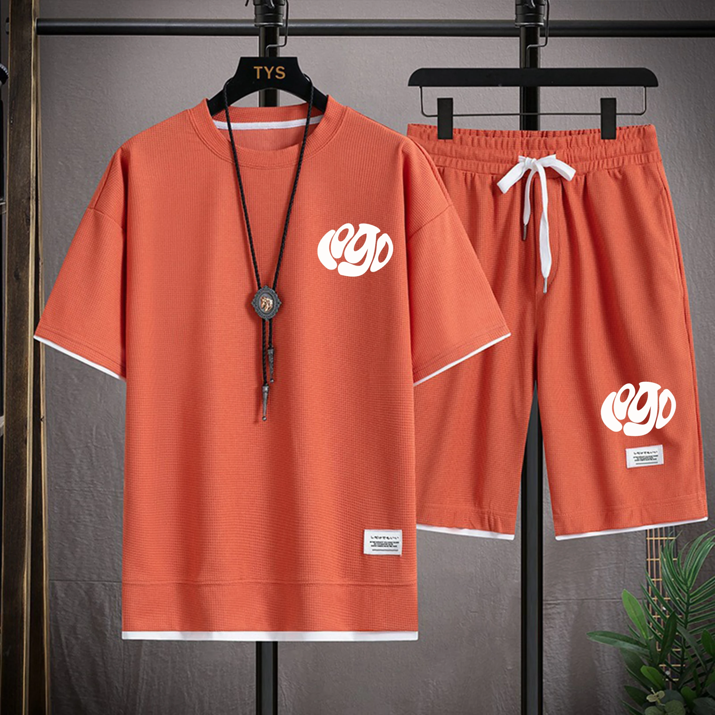 DIY Customized Design Brand Logo/Image Customization for Men and Women DIY Waffle Round Neck Short Sleeve Set Fashionable, Casua