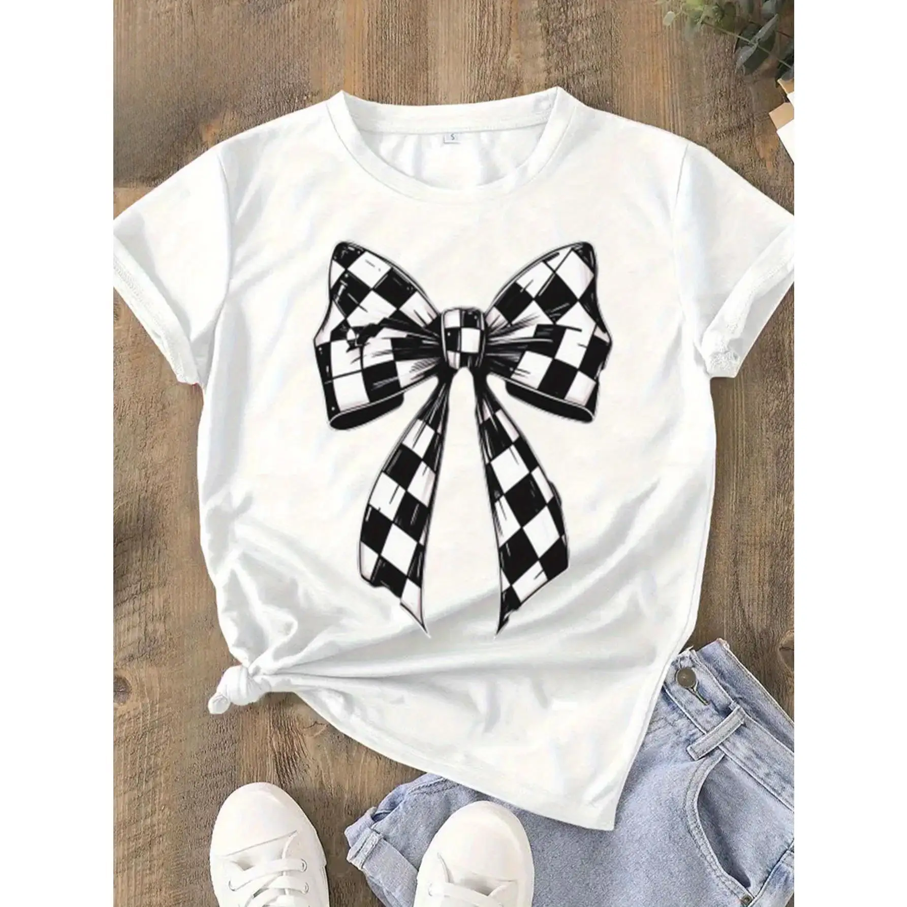 

Women's Black & White Checkered Bow Pattern Tops Short Sleeve Casual Graphic Tees Fashion T Shirts