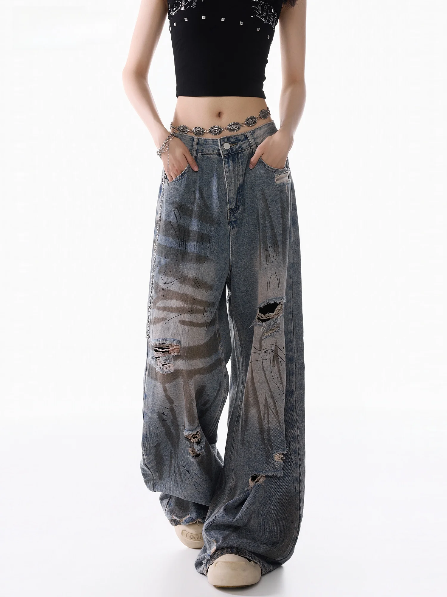 

American Style High Street Graffiti Design Women's Jeans Summer Thin Straight Leg Wide Leg Pants Casual Cotton Blend Jeans