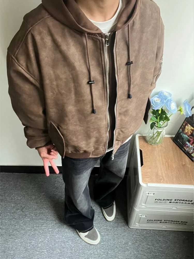 

Men's Thiened Retro PU Leather Surface Cotton Jaet Fake Two-Piece Casual Winter Coat Warm Youth American Sle Zipper Clo...