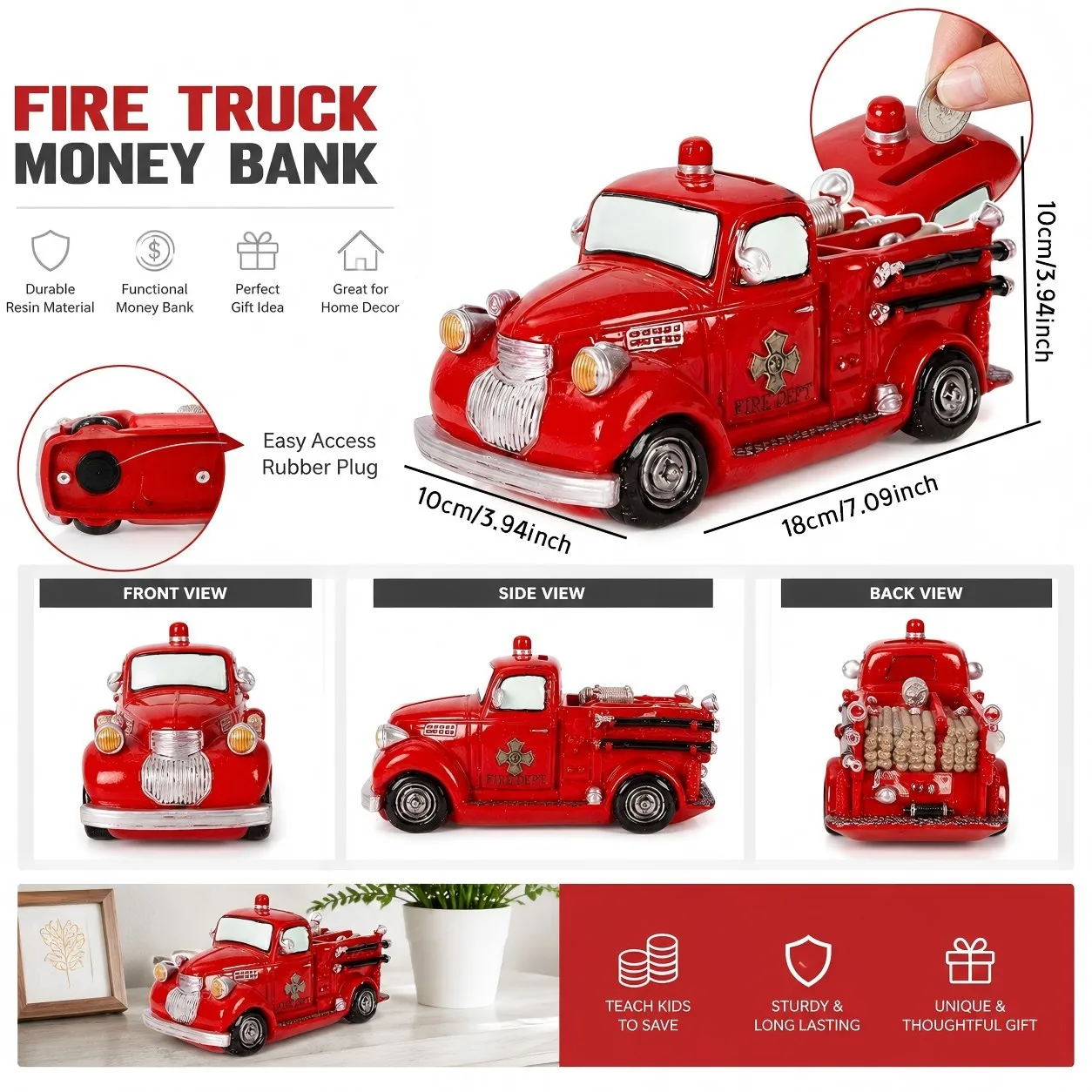 Retro Fire Truck Money Bank Vintage Resin Piggy Bank Coin Cash Savings Box for Kids Boy Creative Firefighter Home Decor Ornament
