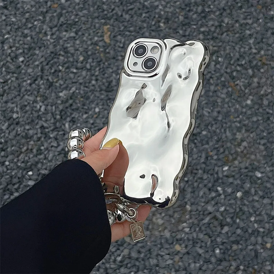 Luxury Electroplated 3D Meteorite Pattern Phone Case for iphone 15 14 13 11 12Pro Max Silver Shockproof Case Round Bead Bracelet