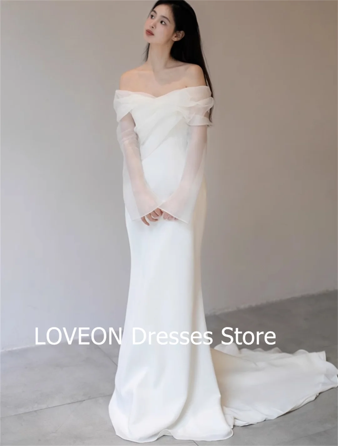 

GIOIO Off Shoulder Long Sleeves Organza Wedding Dresses Court Train 프롬드레스 Korea Pretty Ivory Bride Gowns Party Women Bride