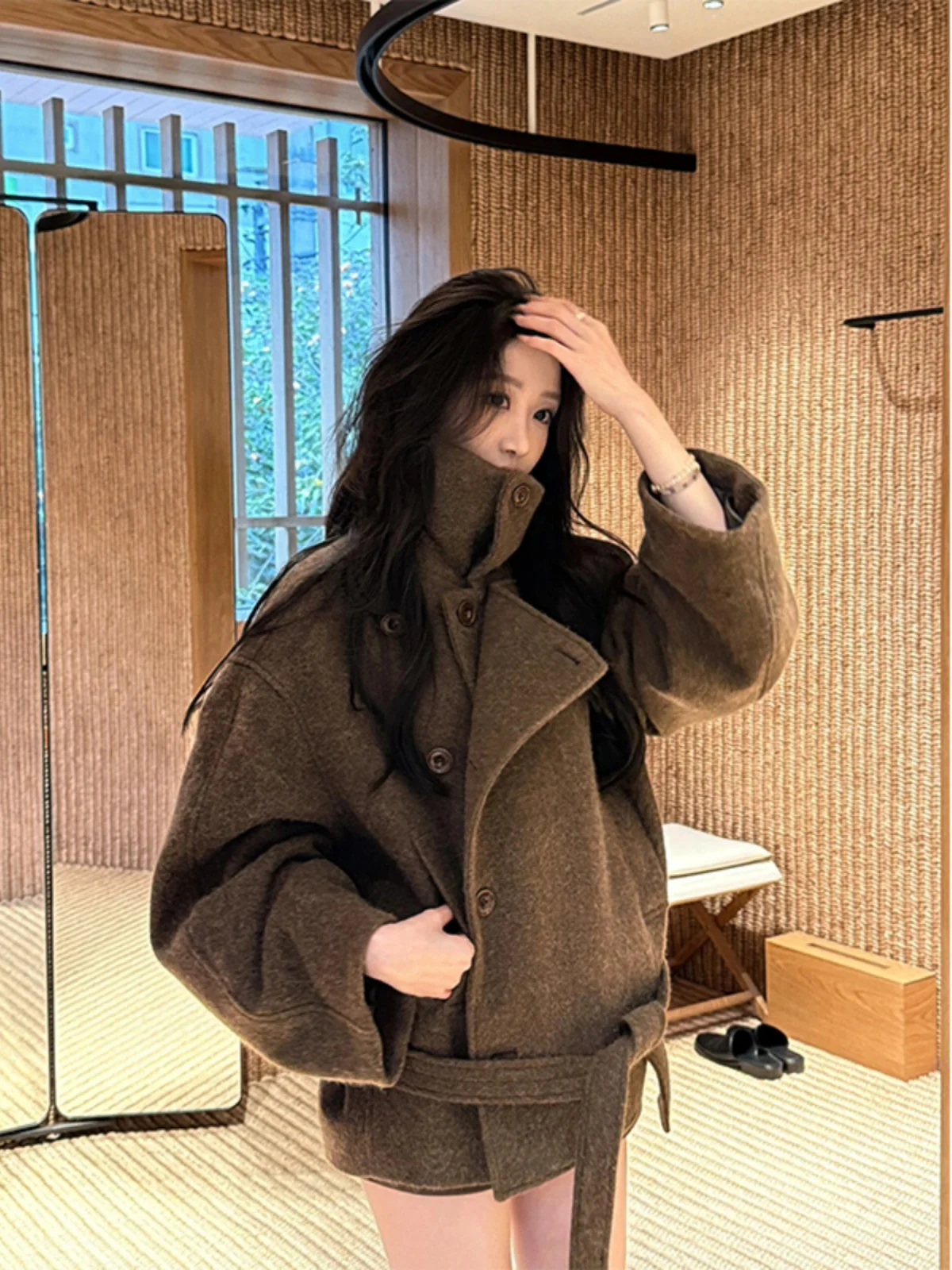 

Korean Sle Double-Faced Camere Woolen Coat Women's Winter Belted High-Ne ort Length Faion Design Sensation