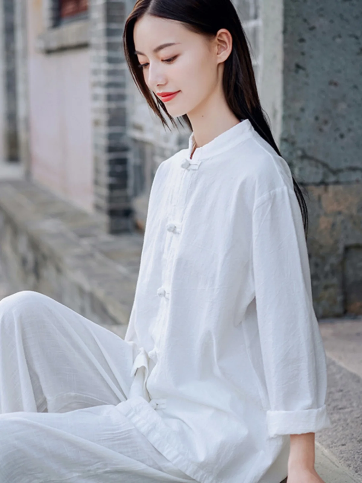 루즈핏 코튼 린넨 태극권 연습복 여성용 큰 사이즈 오픈 가디건 스타일 캐주얼 빈티지 상하의 세트