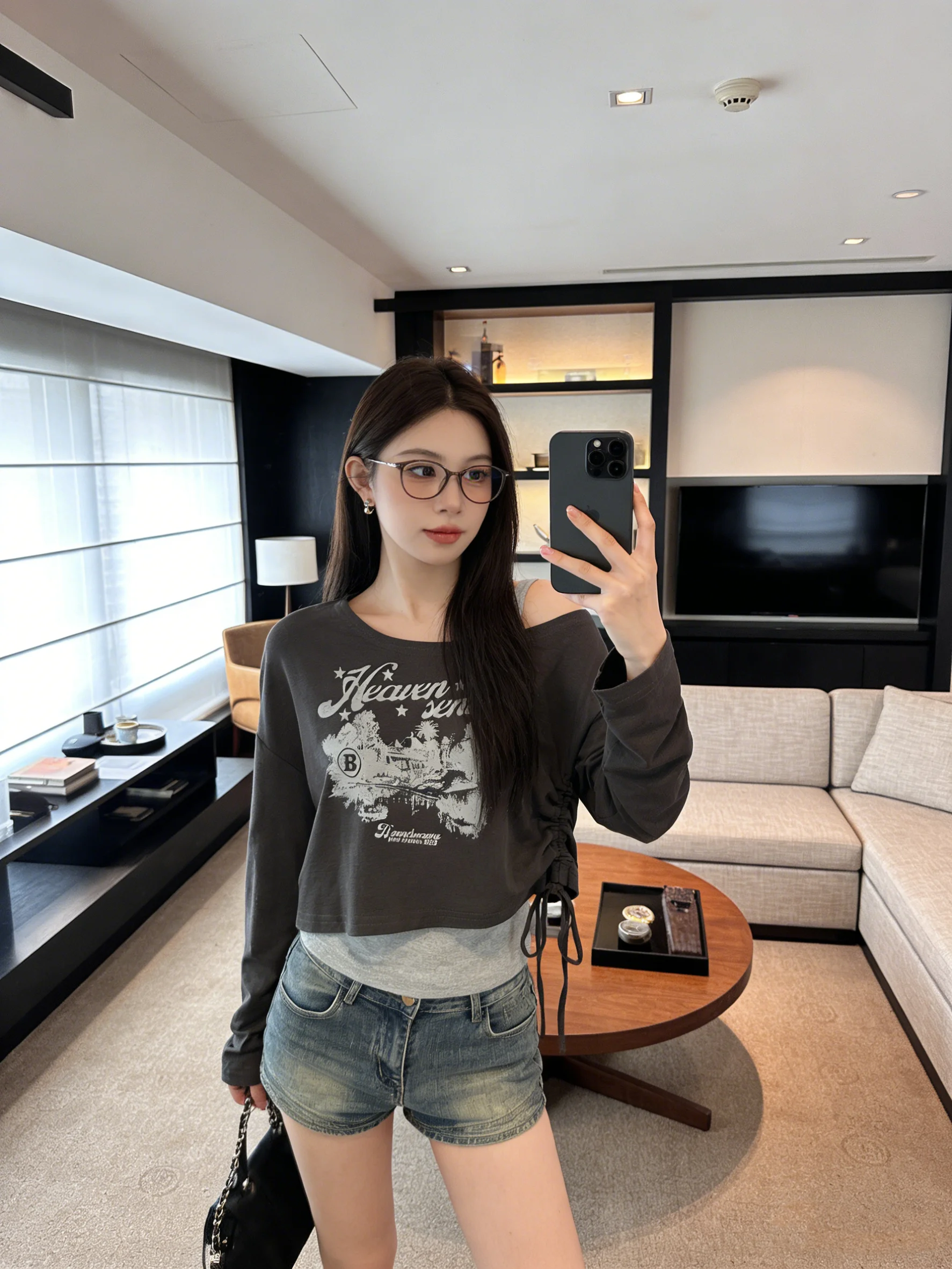 

Korean Sle Retro Diagonal oulder Letter Print Long Sve T-irt Dstring Crop Top Slimming Strap Vest Early Spring La...