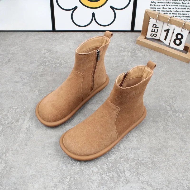 Retro Faux Suede  Boots Women's round Toe Flat Bottom Comfortable Side Zip Casual Short Boots Korean Style Shoes