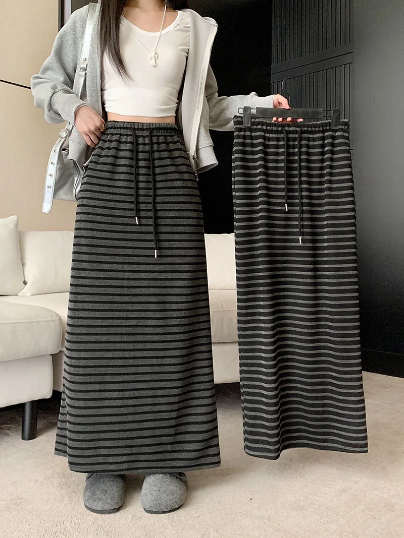 

Высококачественная длинная юбка в полоску в стиле ретро, женская мода, юбки с высокой талией и разрезом сзади, женские универсальные прямые юбки Faldas