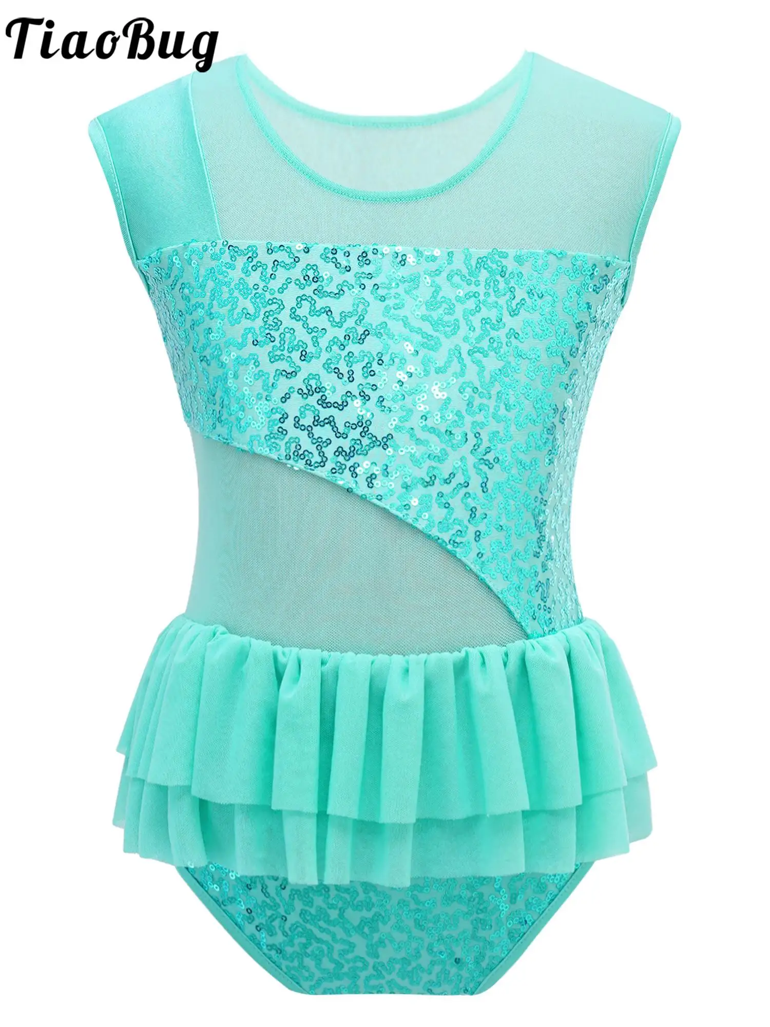 Kids Girls Stylish Clothing Sleeveless Round Neckline Shiny Sequins Patchwork Style Ruffle Mesh Hem Dance Leotards dancewear