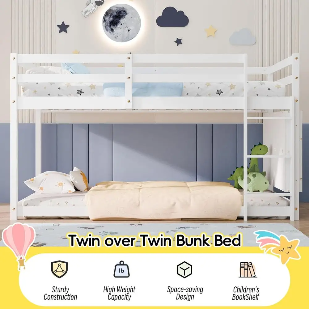 Łóżko piętrowe dla dzieci, rozmiar twin, na podłogę, z półkami i pełnymi poręczami, biała drewniana rama do sypialni, akademików.